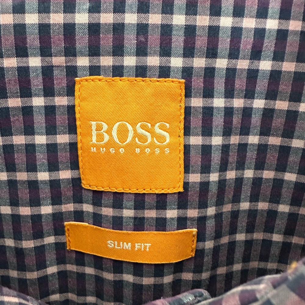 Hugo Boss Orange Label Mens Slim Fit Check Button Down Shirt Purple Navy Medium - Picture 3 of 4